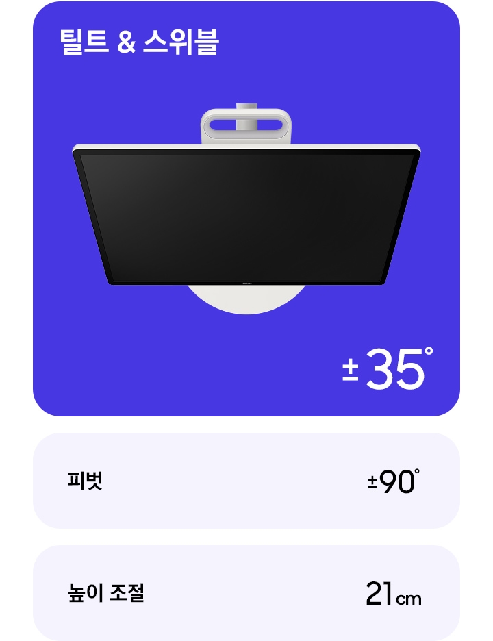 틸트&스위블 부분의 The Movingstyle은 스탠드에 결합된 상태로 화면이 상하좌우로 어느정도 움직일 수 있는지를 보여줍니다. 상하는 ±35° 좌우는 ±30° 화전 가능합니다. 피벗 부분의 The Movingstyle은 스탠드에 결한된 화면이 가로 세로로 회전이 어느정도 가능한지 보여줍니다. 가로 세로로 ±90° 회전이 가능합니다. 높이 조절 부분의 The Movingstyle은 스탠드의 헤드가 어느정도 내려가는지 보여줍니다. 헤드가 최대 21cm까지 내릴 수 있습니다.