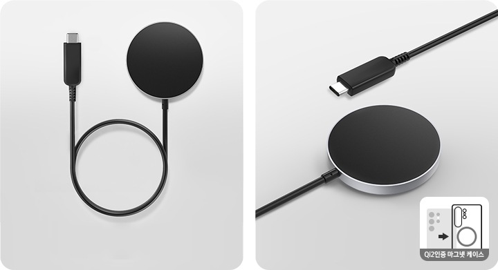 이미지 두 개가 있습니다. 좌측 이미지는 마그넷 무선 충전기의 케이블을 동그랗게 말아 놓은 모습이며, 우측 이미지는 마그넷 무선 충전기의 마그넷 부분과 충전 단자를 보여주고 있습니다.