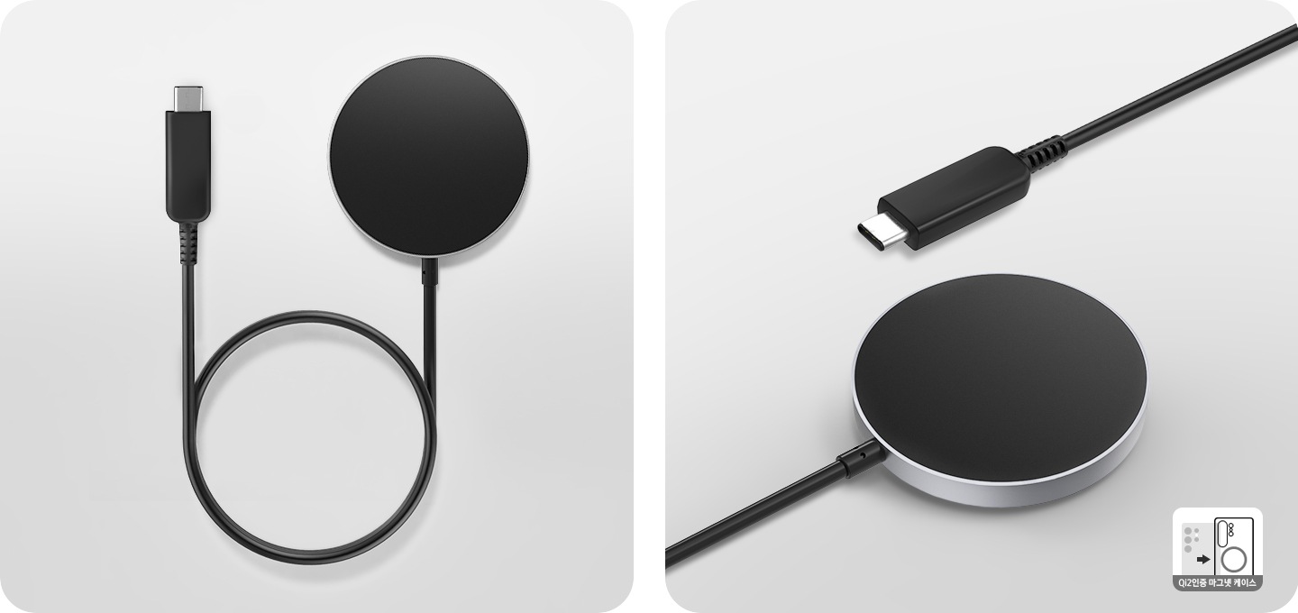 이미지 두 개가 있습니다. 좌측 이미지는 마그넷 무선 충전기의 케이블을 동그랗게 말아 놓은 모습이며, 우측 이미지는 마그넷 무선 충전기의 마그넷 부분과 충전 단자를 보여주고 있습니다.