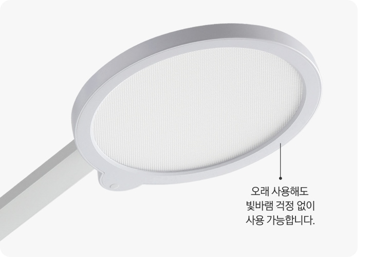 LED 조명이 꺼져있는 상태로 빛이 나오는 헤드 부분을 확대하여 보여주는 제품 이미지 입니다. 제품을 둘러싼 테두리의 경우 오래 사용해도 빛바램 걱정 없이 사용 가능합니다.라는 문구로 표시되어 있습니다.