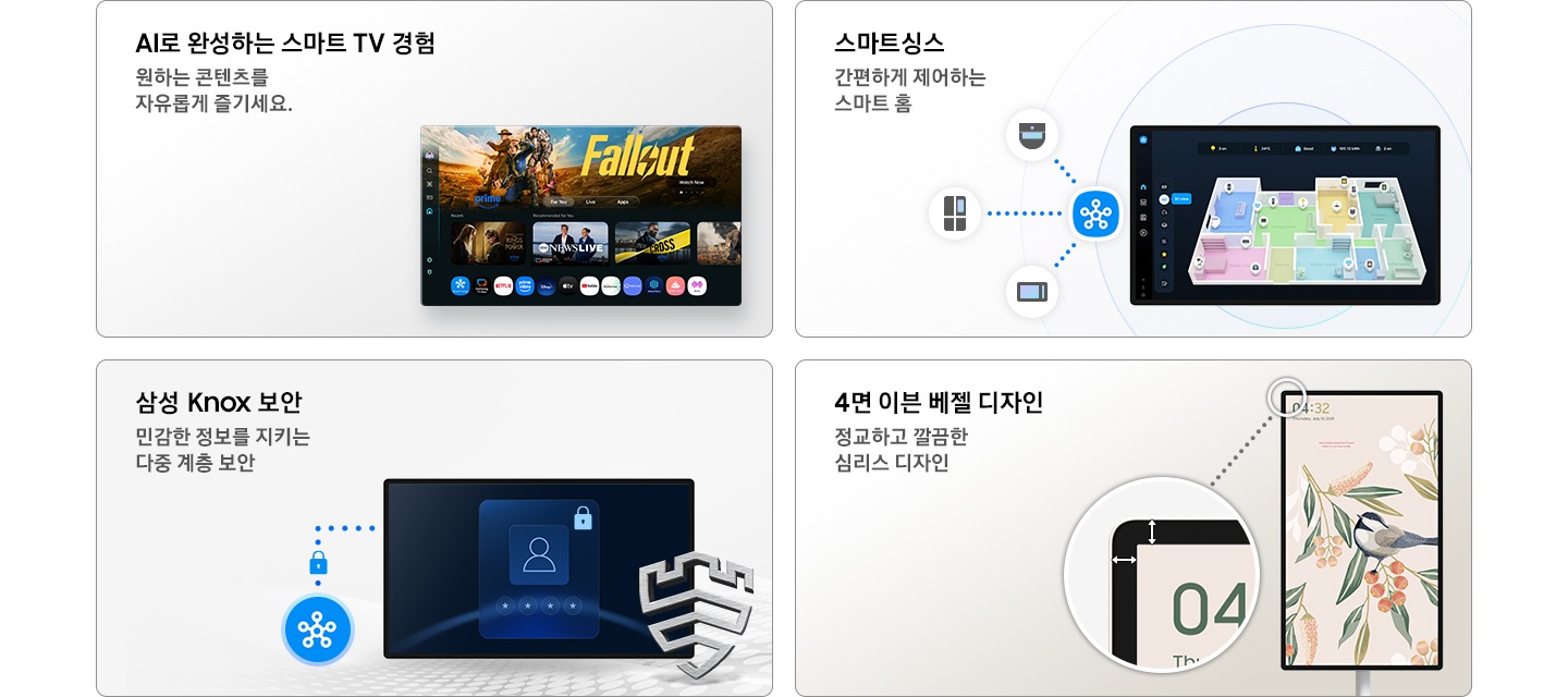 스마트 모니터의 4가지 특장점을 보여줍니다. 첫번째는 AI 스마트TV 경험이며, 틀릭 투 서치로 쉽게 찾고 즐기는 컨텐츠라고 설명하고 있습니다. 우측 하단에는 스마트 TV 앱 화면이 보여집니다. 두번째는 스마트싱스이고, 간편하게 제어하는 스마트 홈이라고 설명하고 있습니다. 우측 하단에는 집의 구조를 보여주는 조감도 화면이 표시되며, 그 옆에 스마트싱스 아이콘이 보여집니다. 주변에는 파동을 나타내는 원이 있습니다. 세번째는 삼성 Knox 보안이며, 민감한 정보를 지키는 다중 계층 보안이라고 설명합니다. 우측 하단에는 삼성 Knox 보안 아이콘과 잠금을 해제하는 화면이 표시되어 있고, 그 옆에 스마트싱스 아이콘이 보여집니다. 마지막으로, 4면 이븐 베젤 디자인이고, 정교하고 깔끔한 심리스 디자인이라고 설명하고 있습니다. 우측 하단에는 배경화면이 화면에 표시된 무빙스타일의 좌측 상단 모서리에 원이 보여지며, 그 원에서 화살표로 베젤을 강조하는 모습이 확대되어 보입니다.