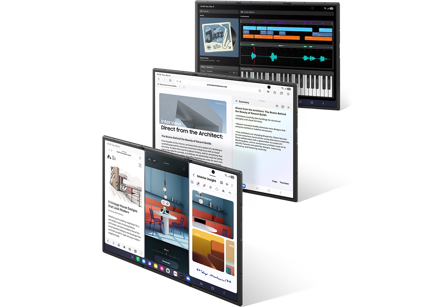 세 대의 갤럭시 Z 트라이폴드가 메인 디스플레이를 드러내며 세워져 있습니다. 첫 번째 기기에는 3개의 앱이 나란히 열려 있습니다. 두 번째 기기에는 2개의 앱이 나란히 열려있는 분할 화면이 나타납니다. 마지막 기기에는 메인 디스플레이에 음악 믹싱 앱이 활성화되어 있습니다.