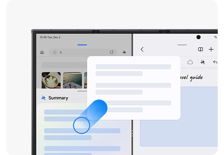 갤럭시 Z 트라이폴드의 메인 디스플레이에서 웹사이트 요약 내용이 Notes 앱으로 드래그 앤 드롭되고 있습니다.