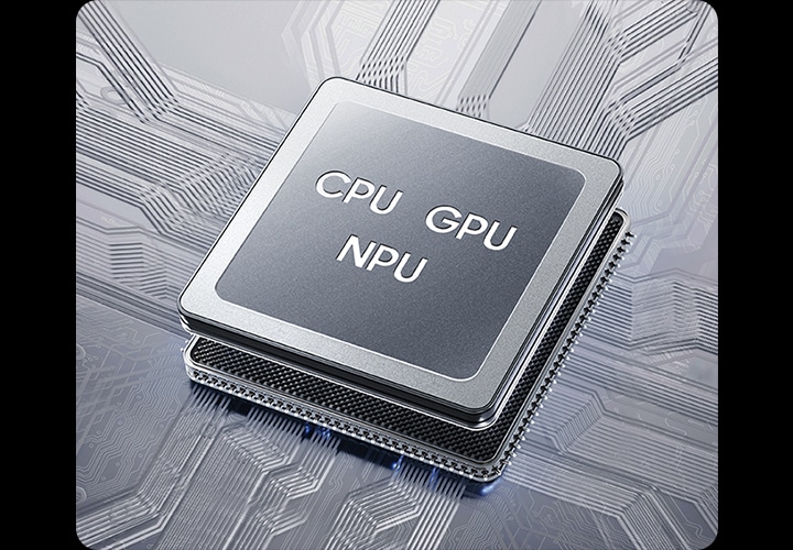 갤럭시 Z 트라이폴드 내부의 칩셋입니다. 칩 상단에 CPU, GPU, NPU라고 표시되어 있습니다.