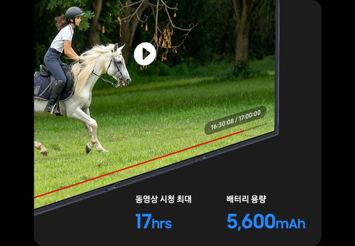 영상을 재생 중인 갤럭시 Z 트라이폴드 메인 디스플레이 모서리의 클로즈업입니다. 영상은 17시간 길이로 갤럭시 Z 트라이폴드의 긴 배터리 수명을 알려줍니다. 최대 17시간까지 영상 시청. 배터리 용량 5600mAh라고 표시되어 있습니다.