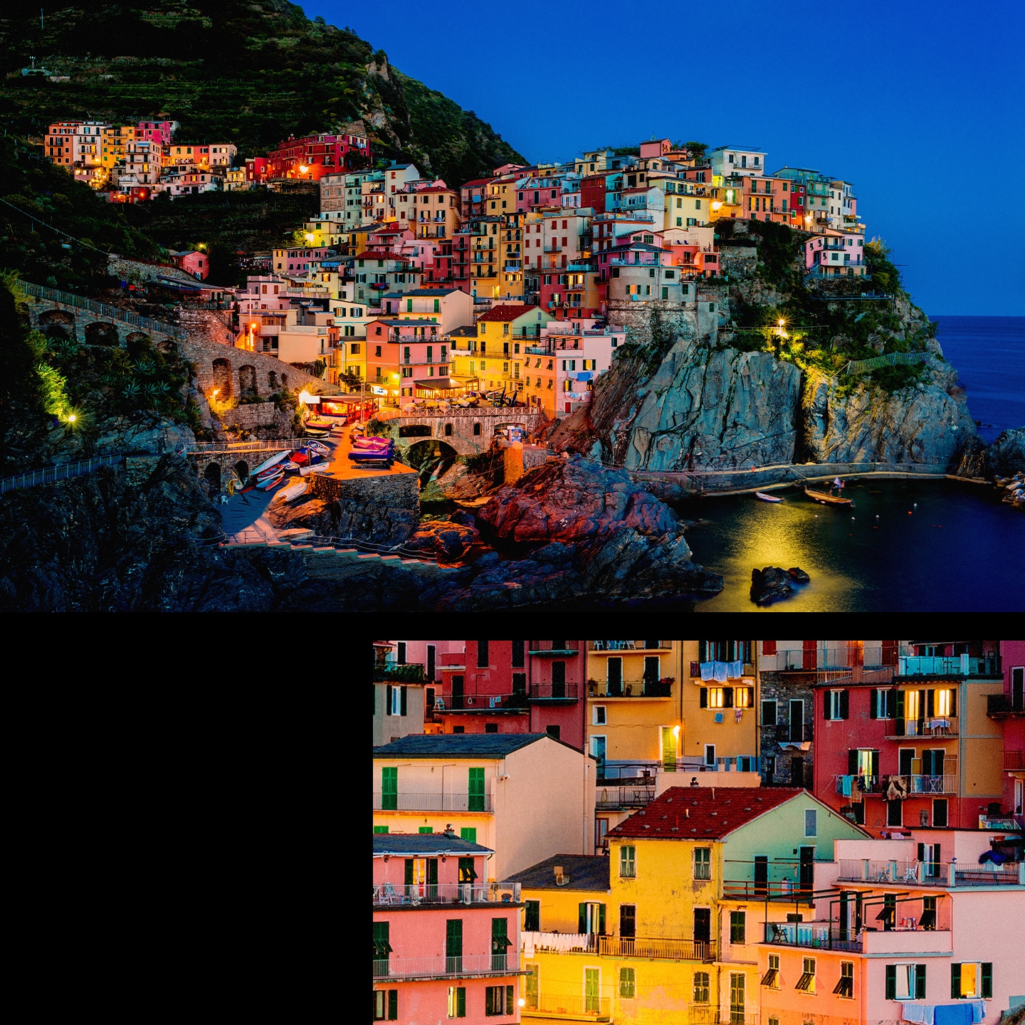 저녁에 언덕을 따라 늘어선 다채로운 집들의 사진입니다. 사진은 갤럭시 Z 트라이폴드의 2억 화소 후면 광각 카메라로 촬영되었습니다. 사진을 가까이 클로즈업한 장면에서 생생한 색상과 선명한 디테일을 확인할 수 있습니다.