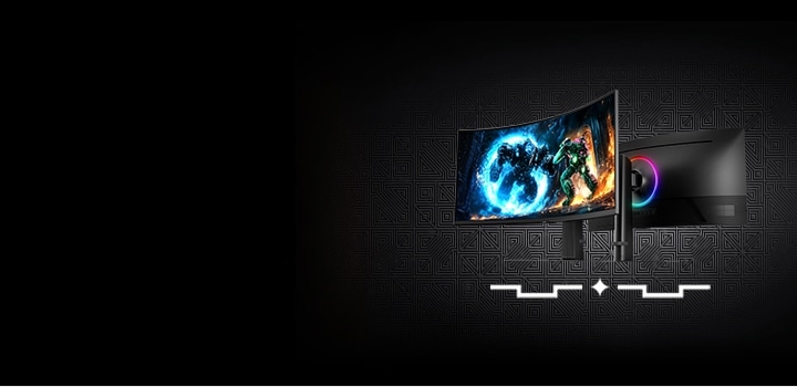 검은색에 2025 New Odyssey 제품 2개가 각각 앞면과 후면을 보여주는 방향으로 배치되어 있으며, 제품 화면에는 게임 화면이 노출되고 있다.
