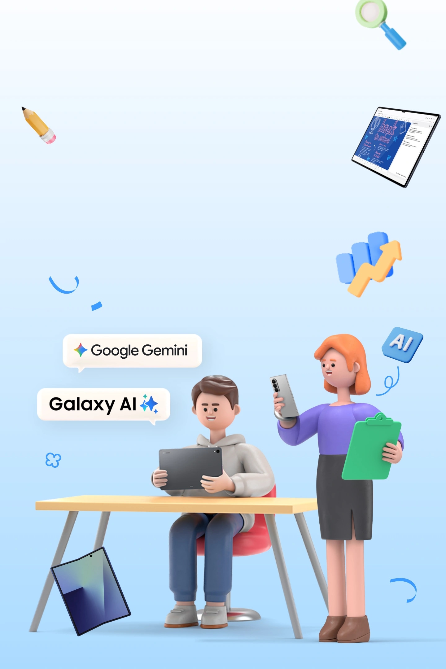 상승차트, 필기구, 돋보기, Google Gemini, Galaxy AI 로고, 갤럭시 폴드 아이콘과 함께 책상에 앉아 갤럭시탭을 응시하는 소년과 문서를 들고 갤럭시 모바일을 응시하는 여성