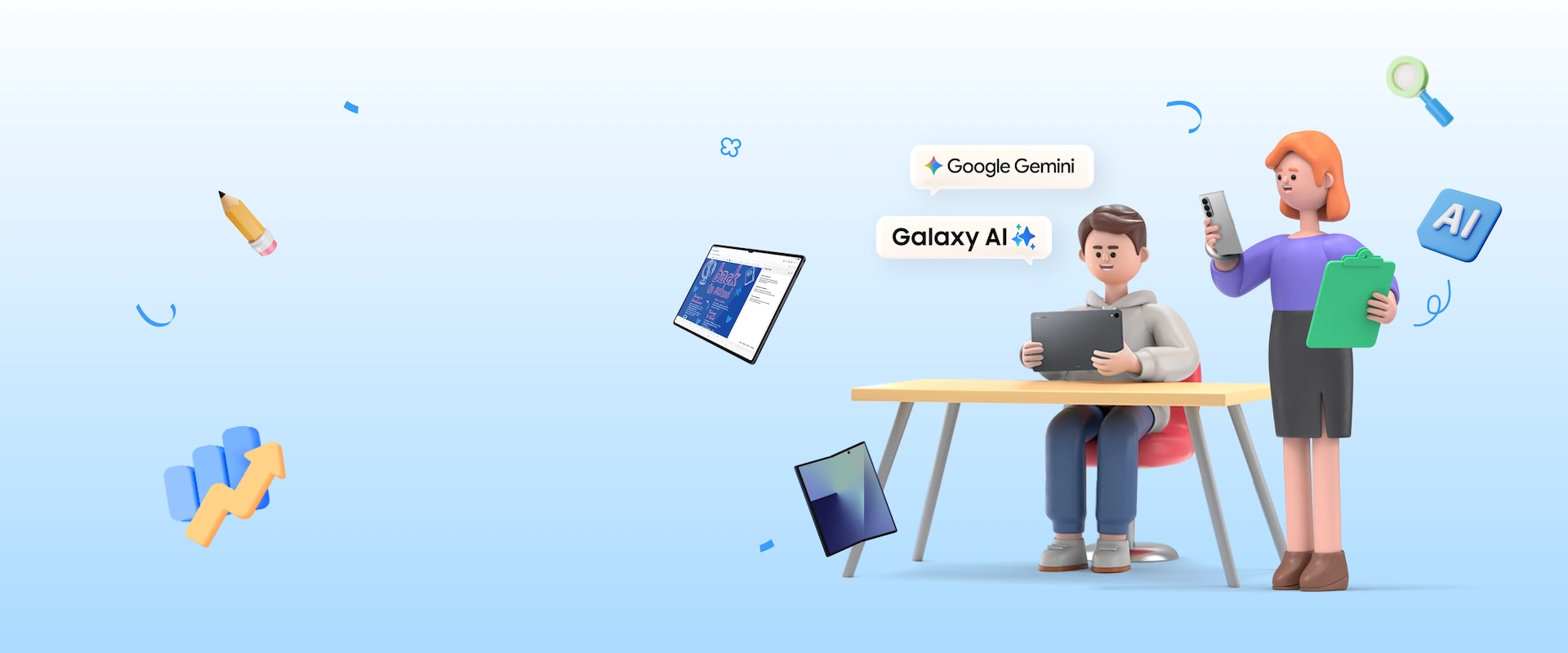 상승차트, 필기구, 돋보기, Google Gemini, Galaxy AI 로고, 갤럭시 폴드 아이콘과 함께 책상에 앉아 갤럭시탭을 응시하는 소년과 문서를 들고 갤럭시 모바일을 응시하는 여성