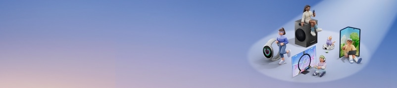 푸른색 배경 우측에 오브제가 모여 있고, 중앙상단에 콤보 제품과 그 위에 앉아서 스마트폰을 보는 여자, 좌측에는 워치 제품과 그 옆에 조깅하는 여자, 중앙 하단에는 모니터 앞에 앉아 게임을 즐기는 사람, 우측에는 폴드 제품 앞에 앉아 PC를 보는 남자, 콤보 제품과 폴드 사이에 제트 봇 제품위에 웰시 코기가 앉아 있는 이미지