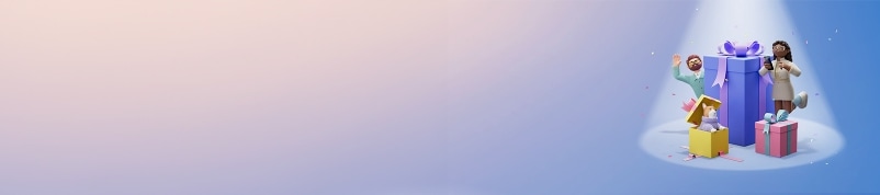 푸른 배경에 핀 조명이 비추는 이미지로 가운데 파란색 큰 선물 상자가 놓여있고 선물상자 왼쪽 앞에는 노란색 선물상자에 웰시코기가 튀어 나오고 있으며, 우측 앞에는 분홍색 선물 상자가 배치되어 있고, 파란색 큰 선물 상자 왼쪽에는 남성이 손을 흔들고 있으며, 오른쪽에는 여성이 스마트폰을 조작하고 있다