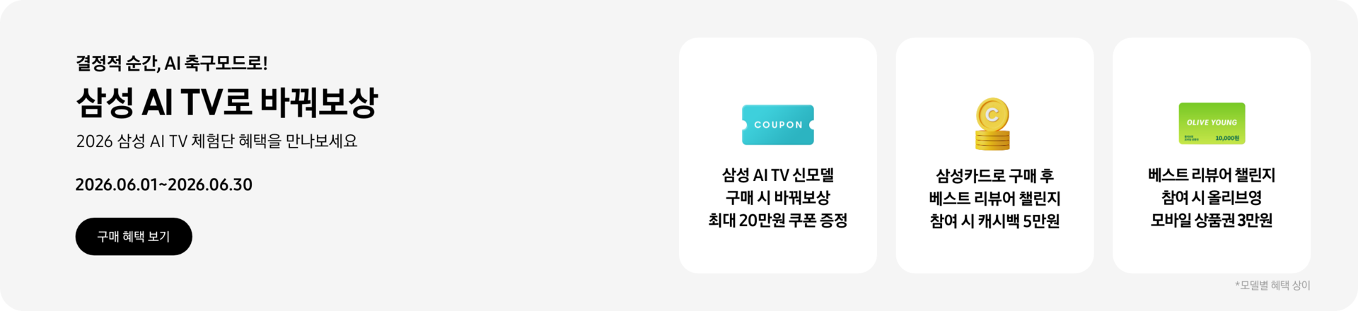 결정적 순간, AI 축구모드로!, 삼성 AI TV로 바꿔보상, 2026 삼성 AI TV 체험단 혜택을 만나보세요, 2026.06.01~2026.06.30 구매 혜택 보기.  COUPON이 적혀있는 하늘색 쿠폰 아이콘, 삼성 AI TV 신모델 구매 시 바꿔보상 최대 20만원 쿠폰 증정  쌓여있는 동전 위로 세워져 있는 C가 새겨진 노란색 동전, 삼성카드로 구매 후 베스트 리뷰어 챌린지 참여 시 캐시백 5만원  OLIVE YOUNG 로고와 10,000원이 쓰여 있는 연두색 카드 아이콘, 베스트 리뷰어 챌린지 참여 시 올리브영 모바일 상품권 3만원  *모델별 혜택 상이.