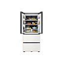 BESPOKE 김치플러스 4도어 키친핏 Infinite Line 420 L 상칸 오픈하고 안에 음식들이 들어있는 정면 이미지