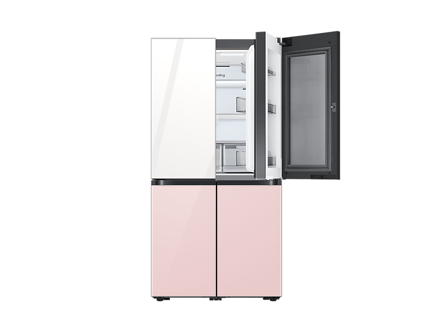 BESPOKE 냉장고 4도어 글램 화이트+글램 핑크 상단 우측 쇼케이스 오픈