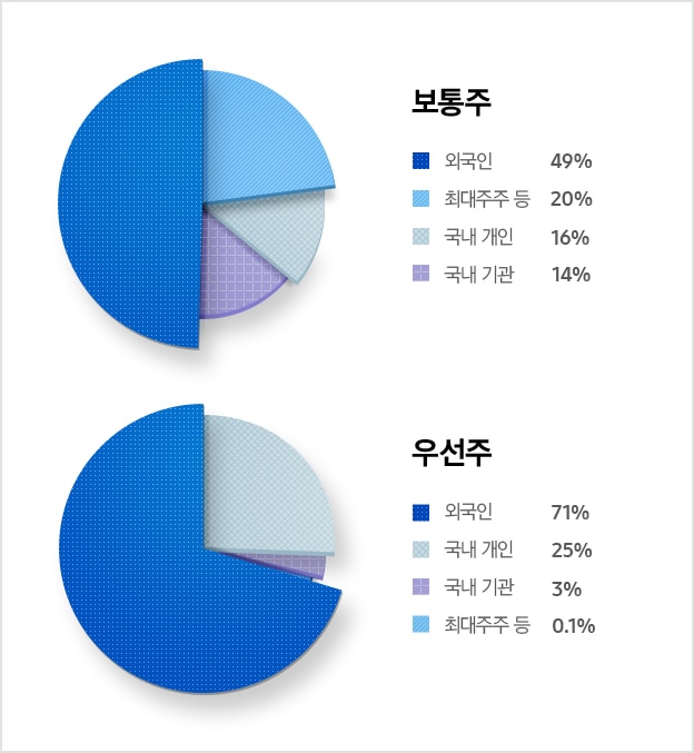 주주 구성현황 보통주 외국인 49% 최대주주 등 20% 국내 기관 14% 국내 개인 16%, 주주 구성현황 우선주 외국인 71% 국내 개인 25% 국내 기관 3% 최대주주 등 0.1%