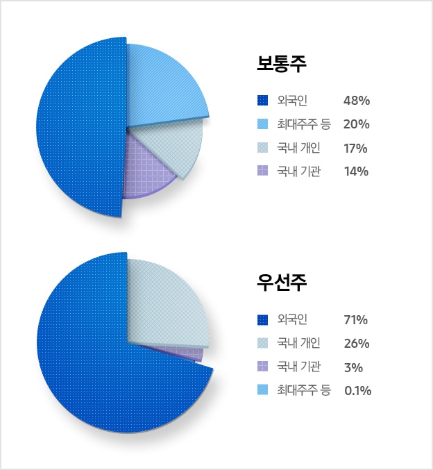 주주 구성현황 보통주 외국인 48% 최대주주 등 20% 국내 기관 14% 국내 개인 17%, 주주 구성현황 우선주 외국인 71% 국내 개인 26% 국내 기관 3% 최대주주 등 0.1%