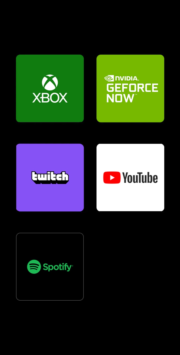 삼성 게이밍 허브와 제휴 중인 파트너사의 로고입니다. XBOX, NVIDIA GEFORCE NOW, Twitch, Youtube, Spotify 입니다.