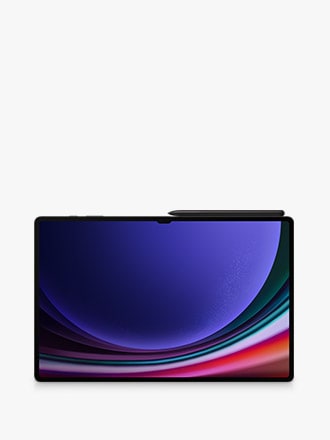 Galaxy Tab S9의  디스플레이에 화려한 그래픽이 그려져 있고 화면 상단에 S펜이 부착되어 있습니다.