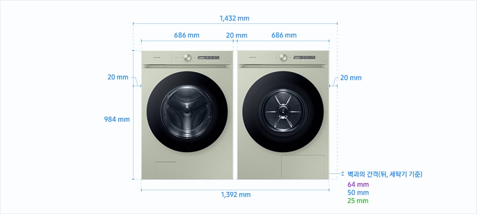 
                                23년형 BESPOKE 그랑데AI 병렬설치 설치 환경 가이드 이미지입니다.
                                좌측에 세탁기, 우측에 건조기가 병렬 설치된 제품의 정면도입니다.
                                좌측 세탁기 제품의 폭은 686 mm이며, 높이는 984 mm입니다.
                                우측 건조기 제품의 폭은 686 mm이며, 높이는 984 mm입니다.
                                병렬 설치된 세탁기, 건조기와 양 옆 벽과의 간격을 포함한 전체 폭은 1,432 mm이며, 병렬 설치된 제품과 양 옆 벽과의 간격은 각각 20 mm의 공간이 필요합니다.
                                병렬 설치된 세탁기와 건조기 사이 간격을 포함한 폭은 1,392 mm이고,
                                세탁기와 건조기 사이 간격은 20 mm의 공간이 필요합니다.
                                모델에 따라 제품과 후방 벽과의 간격, 설치 환경 가이드가 상이합니다.
                                건조기 DV17CB*, 세탁기 WF21CB* 모델의 경우, 제품(세탁기 기준)과 후방 벽과의 간격은 64 mm의 공간이 필요합니다.
                                건조기 DV20CB*/DV21CB*/DV22DB*, 세탁기 WF24A*/WF24B*/WF24CB* 모델의 경우, 제품(세탁기 기준)과 후방 벽과의 간격은 50 mm의 공간이 필요합니다.
                                건조기 DV20CB*/DV21CB*/DV22DB*, 세탁기 WF25B*/WF25CB* 모델의 경우, 제품(세탁기 기준)과 후방 벽과의 간격은 25 mm의 공간이 필요합니다. 