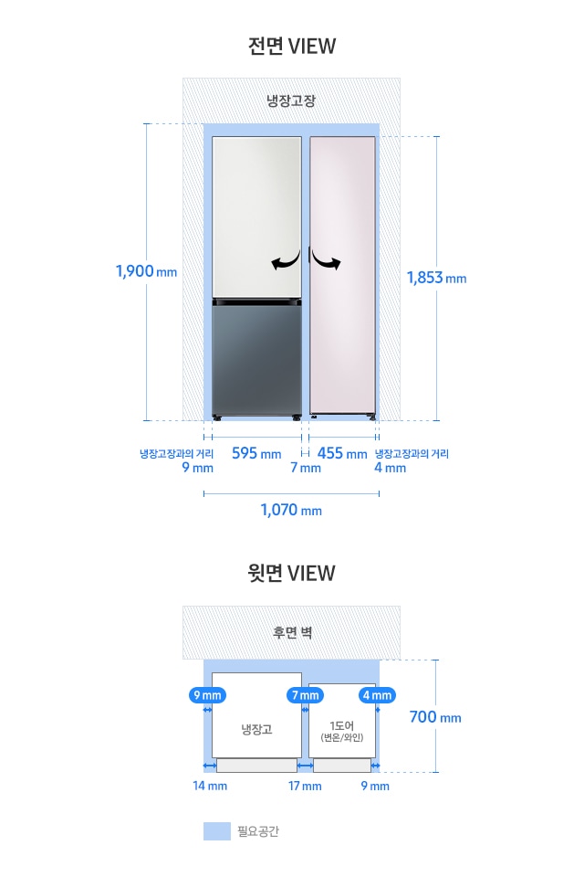 BESPOKE 키친핏 페어 설치가이드 냉장고 2도어+1도어(변온/와인) 1,070mm 예외설치 규격 이미지 입니다. 윗면 VIEW 영역에는 냉장고 2도어와 1도어(변온/와인), 후면 벽, 제품 설치에 필요한 공간이 보여집니다. 그 위에는 제품 본체를 기준으로 한 냉장고와 냉장고장과의 거리 9mm, 1도어(변온/와인)와 냉장고장과의 거리 4mm, 냉장고와 1도어(변온/와인) 사이의 간격 7mm가 표기되어 있습니다. 또한 제품 도어부를 기준으로 한 냉장고와 냉장고장과의 거리 14mm, 1도어(변온/와인)와 냉장고장과의 거리 9mm, 냉장고와 1도어(변온/와인) 사이의 간격 17mm와 함께 제품 정면(도어 단면) 기준 후면벽까지의 거리 700mm가 표기되어 있습니다. 전면 VIEW 영역에는 상칸 코타 화이트, 하칸 쉬머 챠콜, 패널이 부착된 냉장고 2도어와 쉬머 바이올렛 1도어(변온/와인) 우개폐 제품이 페어 설치되어 보여집니다. 제품 하단 부분에는 2도어 냉장고와 냉장고장과의 거리 9mm, 1도어(변온/와인)와 냉장고장과의 거리 4mm, 냉장고 2도어 너비 595mm, 1도어(변온/와인) 제품 너비 455mm, 페어 설치된 제품 간 간격 7mm와 함께 이를 모두 합한 전체 가로 길이 1,070mm가 표기되어 있습니다. 제품 좌측에는 냉장고장과의 최소 간격을 포함한 전체 세로 길이 1,900mm, 우측에는 제품 높이인 1,853mm가 표기되어 있습니다.