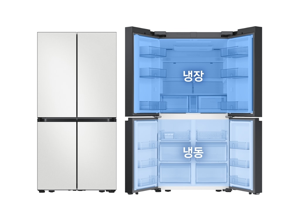 Bespoke 4도어 냉장고의 도어 닫힘컷과 열림컷이 보여지며, 열림컷에는 상칸에 냉장, 하칸에 냉동이라고 표시되어 있습니다.