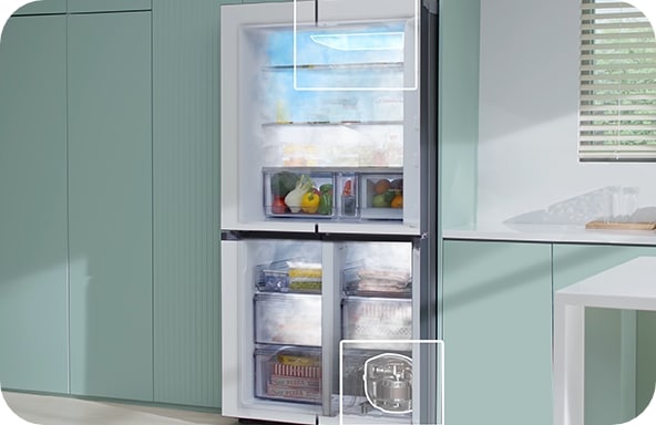 Bespoke 하이브리드 냉장고 4도어의 냉각 기술인 AI 하이브리드 쿨링을 가능하게 하는 펠티어 소자와 컴프레서가 강조되어 보여지는 연출 이미지입니다