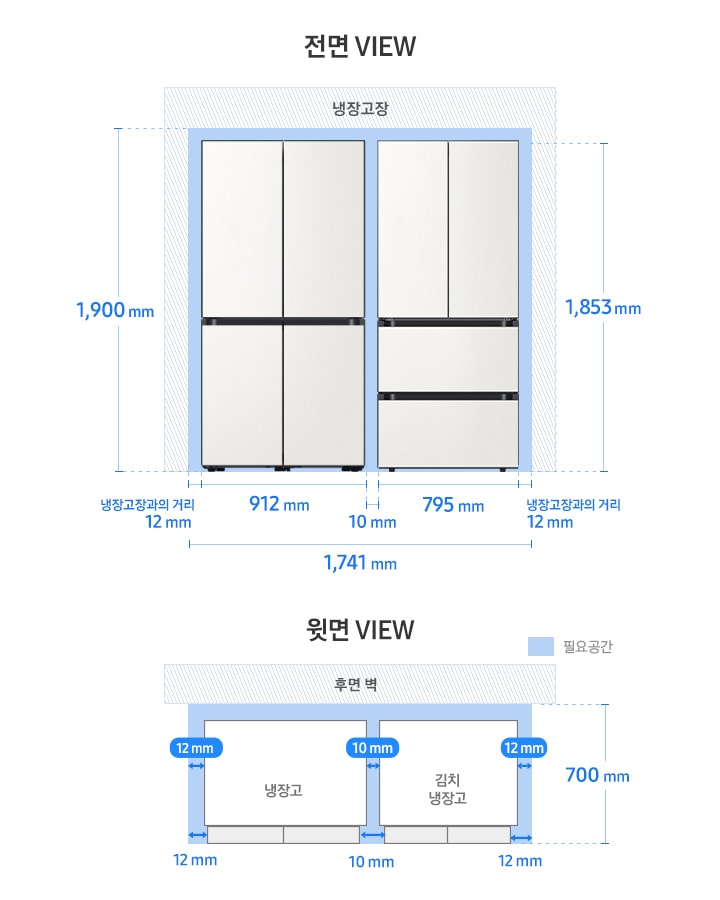 BESPOKE Infinite Line 키친핏 페어 설치가이드 냉장고 4도어 + 김치플러스 4도어 이미지입니다. 윗면 VIEW 영역에는 냉장고 4도어와 김치플러스 4도어, 후면 벽, 제품 설치에 필요한 공간이 보여집니다. 그 위에는 제품 본체를 기준으로 한 냉장고와 냉장고장과의 거리 12mm, 김치냉장고와 냉장고장과의 거리 12mm, 냉장고와 김치냉장고 제품 사이의 간격 10mm가 표기되어 있습니다. 또한 제품 도어부를 기준으로 한 냉장고와 냉장고장과의 거리 12mm, 김치냉장고와 냉장고장과의 거리 12mm, 냉장고와 김치냉장고 제품 사이의 간격 10mm와 함께 제품 정면(도어 단면) 기준 후면벽까지의 거리 700mm도 표기되어 있습니다. 전면 VIEW 영역에는 타임리스 그레이지 패널이 부착된 냉장고 4도어와 김치플러스 4도어 제품이 페어 설치되어 보여집니다. 냉장고 4도어와 김치플러스 4도어에 필요한 냉장고장과의 거리 각각 12mm, 냉장고 4도어 너비 912mm, 김치플러스 4도어 너비 795mm, 페어 설치된 제품 간 간격 10mm와 함께 이를 모두 합한 전체 가로 길이 1,741mm와 함께 냉장고장과의 최소 간격을 포함한 전체 세로 길이 1,900mm, 우측에는 제품 높이인 1,853mm가 표기되어 있습니다.
