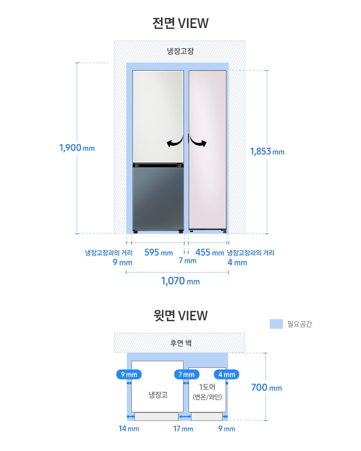 BESPOKE 키친핏 페어 설치가이드 냉장고 2도어+1도어(변온/와인) 1,070mm 권장설치 규격 이미지입니다. 윗면 VIEW 영역에는 냉장고 2도어와 1도어, 후면 벽, 제품 설치에 필요한 공간이 보여집니다. 그 위에는 제품 본체를 기준으로 한 냉장고와 냉장고장과의 거리 9mm, 1도어와 냉장고장과의 거리 4mm, 냉장고와 1도어 제품 사이의 간격 7mm가 각각 표기되어 있습니다. 또한 제품 도어부를 기준으로 한 냉장고와 냉장고장과의 거리 14mm, 1도어와 냉장고장과의 거리 9mm, 냉장고와 1도어 제품 사이의 간격 17mm와 함께 제품 정면(도어 단면) 기준 후면벽까지의 거리 700mm가 표기되어 있습니다. 전면 VIEW 영역에는 상칸 코타 화이트, 하칸 쉬머 챠콜, 패널이 부착된 냉장고 2도어와 쉬머 바이올렛 1도어(변온/와인) 좌열림 제품이 페어 설치되어 보여집니다. 제품 하단 부분에는 2도어 냉장고와 냉장고장과의 거리 9mm, 1도어와 냉장고장과의 거리 4mm,냉장고 4도어 너비 595mm, 1도어 너비 455mm, 페어 설치된 제품 간 간격 7mm와 함께 이를 모두 합한 전체 가로 길이 1,070mm가 표기되어 있습니다. 제품 좌측에는 냉장고장과의 최소 간격을 포함한 전체 세로 길이 1,900mm, 우측에는 제품 높이인 1,853mm가 표기되어 있습니다.
