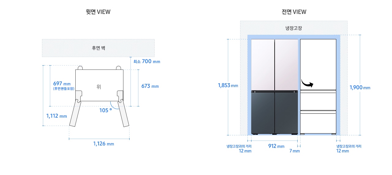BESPOKE 냉장고 4도어 키친핏 모델 단독 설치가이드 이미지입니다. 좌측 윗면 VIEW 영역에는 후면 핸들 포함 길이 697mm, 핸들 미포함 길이 673mm, 도어 오픈 최대 각도 105도, 최대 도어 열림 길이를 포함한 제품 정면 길이 1,126mm가 표기되어 있습니다. 제품 정면(도어 제외) 단면에서 제품 후면 끝까지의 길이 최소 700mm, 도어 오픈 105도 시 도어 길이를 포함한 측면 길이 1,112mm가 표기되어 있습니다. 우측 전면 VIEW 영역에는 상칸 쉬머 바이올렛, 하칸 쉬머 차콜 패널이 부착된 BESPOKE 냉장고 4도어 제품 이미지와 김치플러스 3도어 일러스트 이미지로 구성된 조합이 있고, 양쪽 냉장고장과의 거리 12mm, 제품 가로 길이인 912mm, 제품간 간격 7mm와 함께 제품 자체 높이인 1,853mm와 최소 간격을 포함한 높이인 1,900 mm가 표기되어 있습니다.