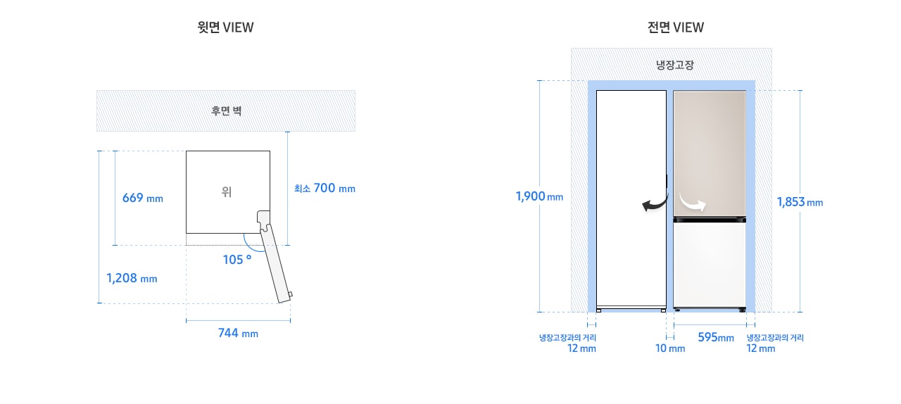 BESPOKE 냉장고 2도어 키친핏 모델 단독 설치가이드 이미지입니다. 좌측 윗면 VIEW 영역에는 후면 핸들 포함 길이 669mm, 도어 오픈 최대 각도 105도, 최대 도어 열림 길이를 포함한 제품 정면 길이 744mm가 표기되어 있습니다. 제품 정면(도어 제외) 단면에서 제품 후면 끝까지의 길이 최소 700mm, 도어 오픈 105도 시 도어 길이를 포함한 측면 길이 1,208mm가 표기되어 있습니다.우측 전면 VIEW 영역에는 상칸 새틴 베이지, 하칸 코타 화이트 패널이 부착된 BESPOKE 냉장고 2도어 제품 이미지와 냉장고 1도어 일러스트 이미지로 구성된 조합이 있고, 양쪽 냉장고장과의 거리 12mm, 제품 가로 길이인 595mm, 제품간 간격 10mm와 함께 제품 자체 높이인 1,853mm와 최소 간격을 포함한 높이인 1,900 mm가 표기되어 있습니다.