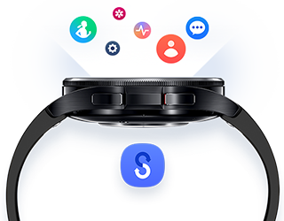 갤럭시 워치6로 사용할 수 있는 다양한 앱 아이콘이 갤럭시 워치6 주변에 놓여져 있습니다.