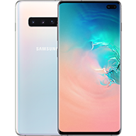صورة هاتف Galaxy S10+ الأبيض، تم التقاطها من الأمام والخلف