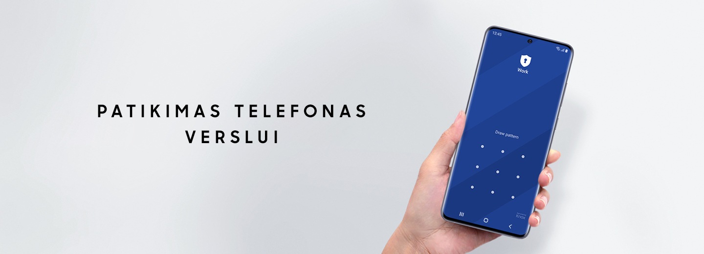 A hand holding Galaxy S20 Ultra with the Pattern entry interface onscreen and text saying Trusted for business