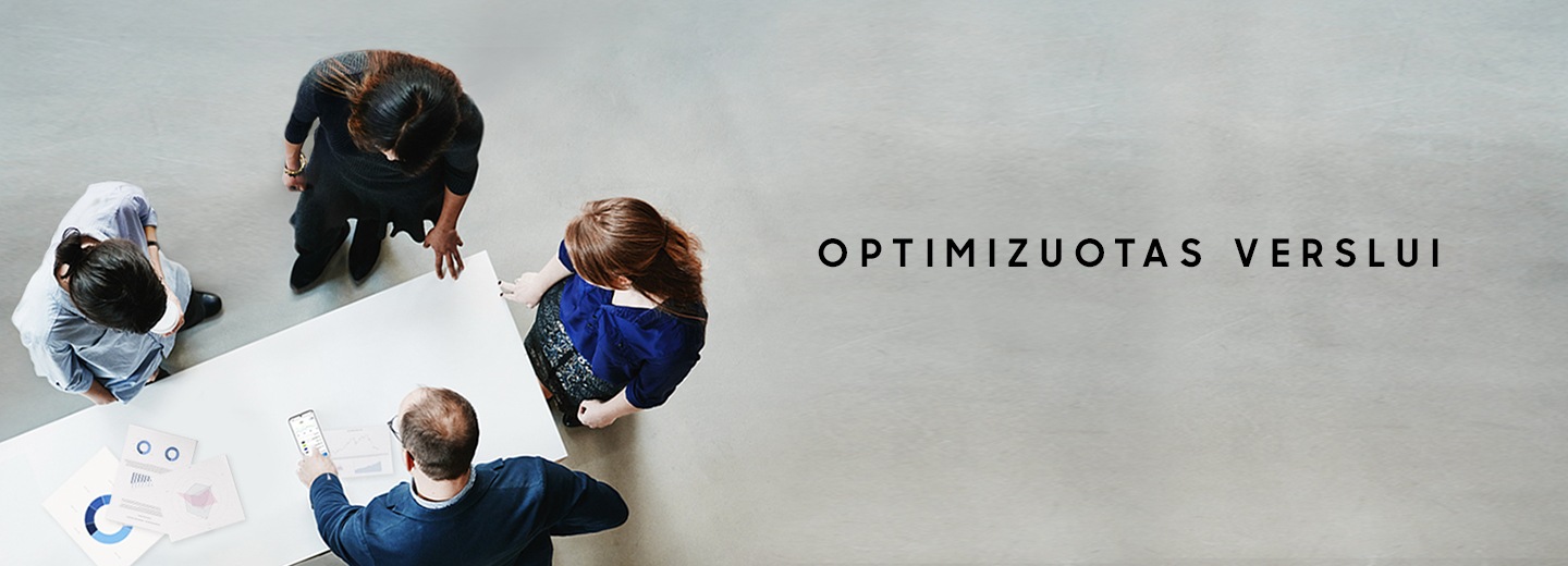 Four people standing around a table with charts on top, with one man pointing at the Galaxy S20 Ultra screen and text saying Optimized for Business