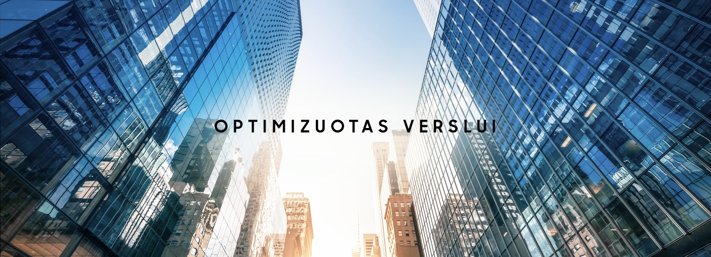 A skyward facing photo between multiple glass skyscrapers with text overlaid that says Ready for business