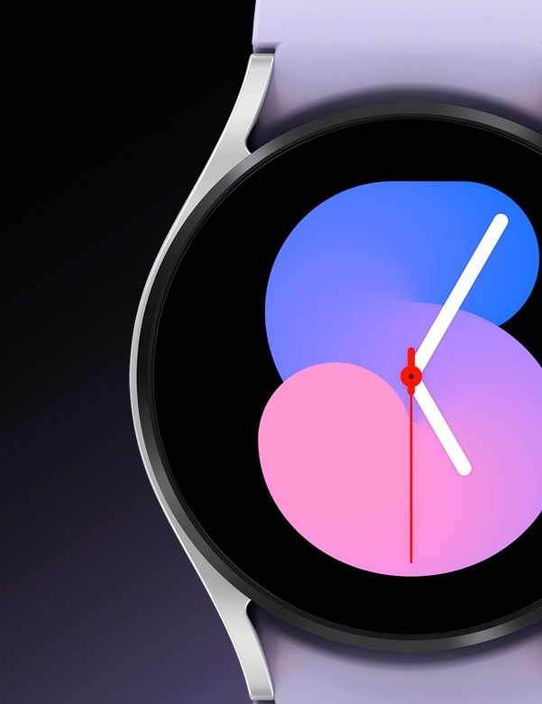 A Silver 44mm Samsung Galaxy Watch 5 Bluetooth is showing its front watch face that has the time '5:05' displayed.