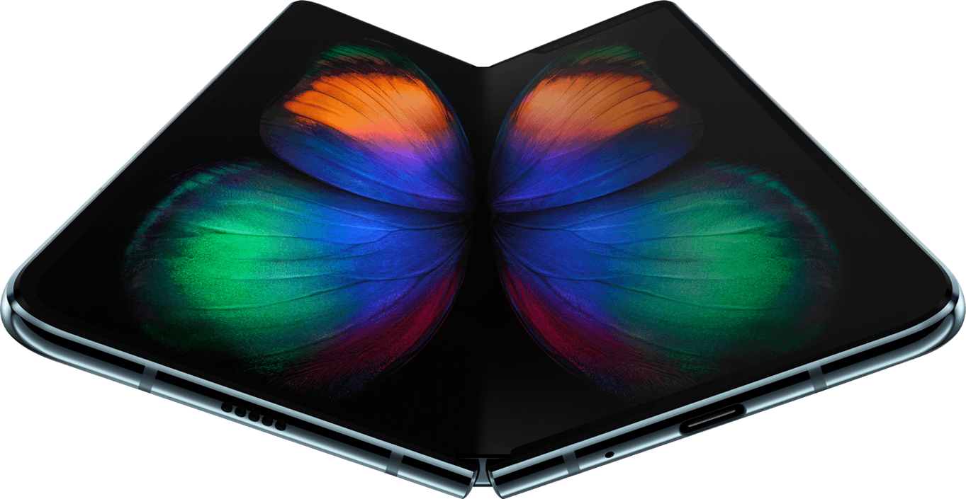 Galaxy Fold unfolded and laying nearly flat, seen at slight angle from the bottom