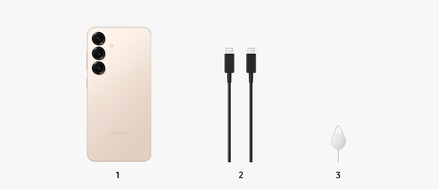 Galaxy S25 in Pinkgold is shown from the back with a battery charging cable and an ejection pin next to it.