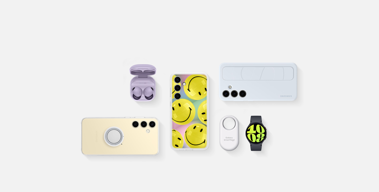 A flat lay of accessories for Samsung Galaxy S24 Plus: Galaxy Buds2 Pro in Bora Purple with the cradle open and the ear buds in place, Galaxy S24 Plus with the Clear Gadget Case installed, Galaxy S24 Plus with Flipsuit Case in Yellow installed, Galaxy S24 Plus with the Standing Grip Case in Light Blue installed, Galaxy SmartTag2 in White and Galaxy Watch6 in Graphite.