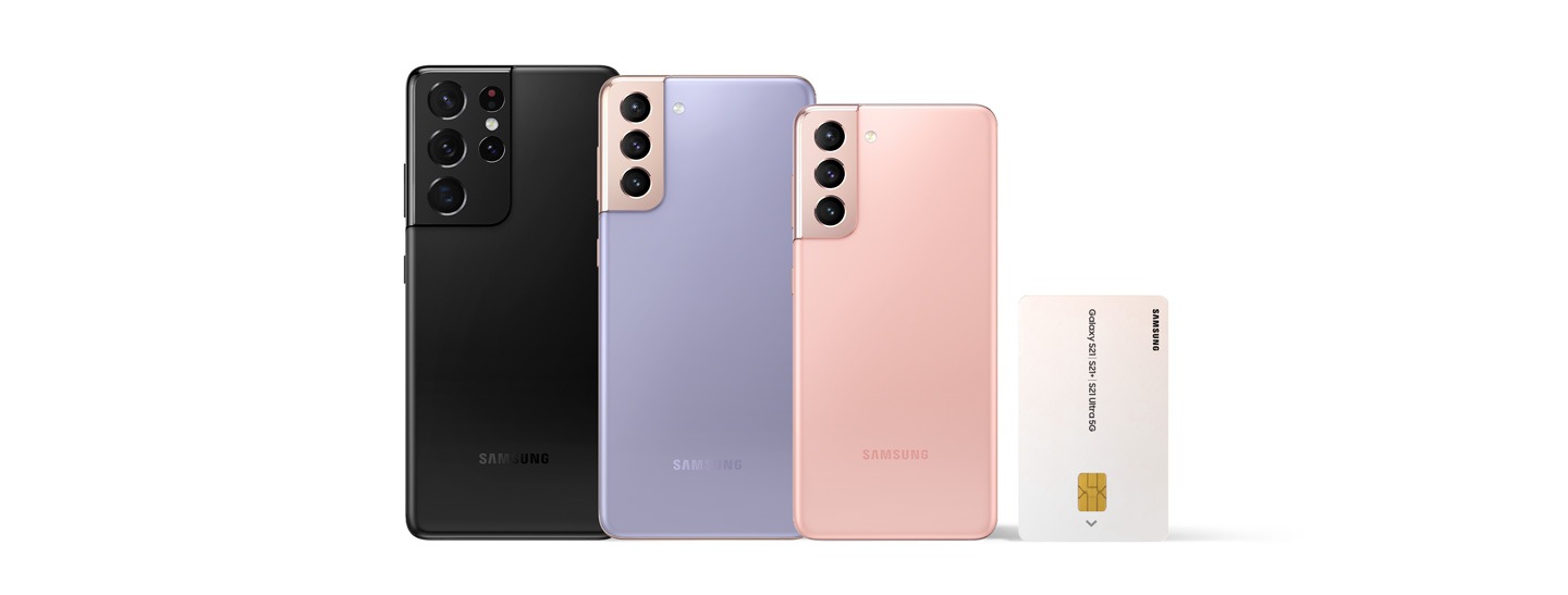 Pink color Galaxy S21, violet color S21+, and black S21 Ultra are standing with showing their rear sides. And they are slightly overlapped.