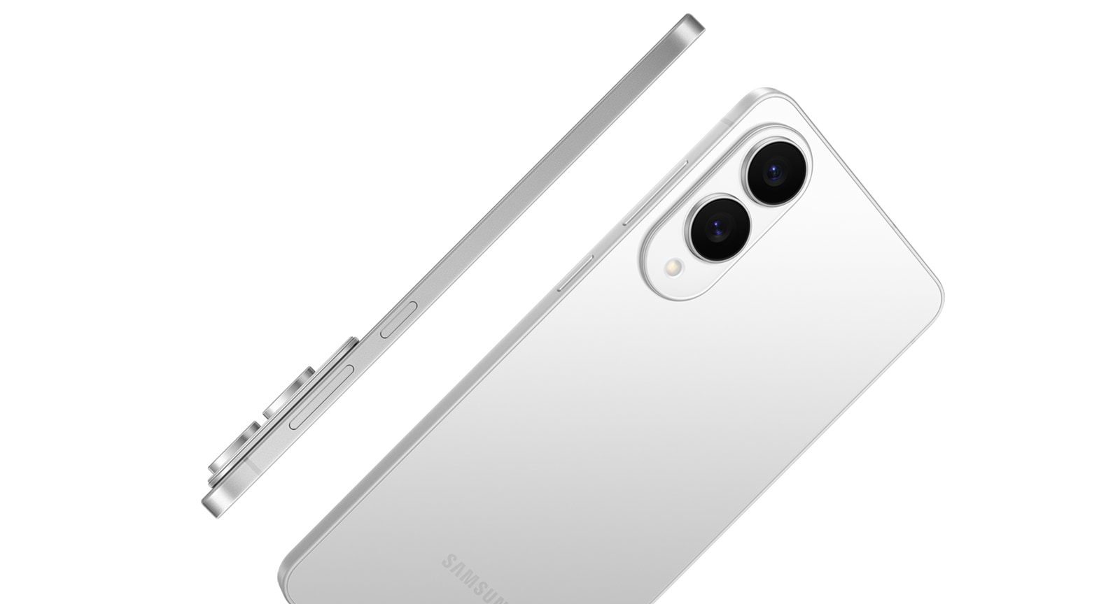 جهازان من طراز Galaxy S25 Edge بلون فضي تيتانيوم. أحدهما معروض من الخلف ، والآخر من الجانب لإبراز الشكل النحيف.