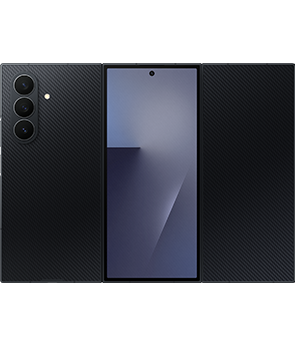 펼쳐진 상태의 크래프티드 블랙 색상 갤럭시 Z 트라이폴드의 후면 이미지입니다.