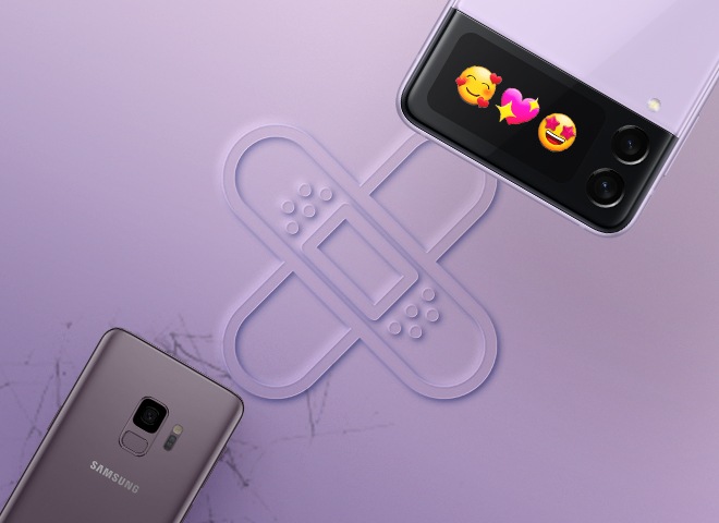 Galaxy S9 is located at the bottom left and Z Flip3 is located at the top right, and the broken glass pattern is seen around S9. And an icon with two crossed bandages is located between them.