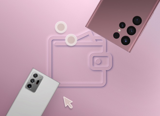 Galaxy Note 20 is located in the lower left and the S22 Ultra in the upper right, two coins are shown along with the wallet icon placed in the middle, and the mouse arrow.