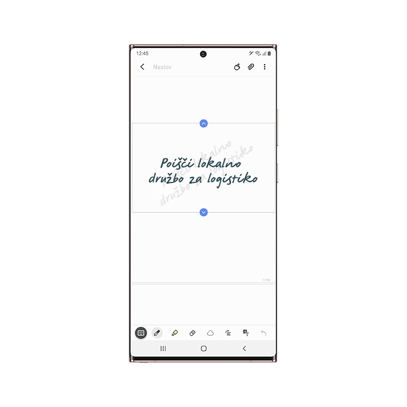 Galaxy Note20 Ultra 5G seen from the front with Samsung Notes app onscreen. There is handwriting that says Find local logistics company.