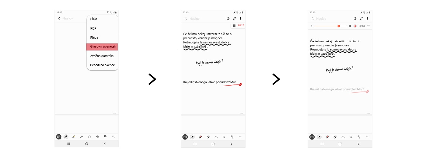 Galaxy Note20 Ultra 5G seen from the front with Samsung Notes app onscreen. It shows a menu that says Voice Recordings, and as the recording goes, notes are being written and automatically synced up with the recording. Then it shows notes taken with the timeline of an audio recording at the top. Text says Creating anything from scratch is difficult, but not impossible. You just need confidence, good ideas, and determination. Underneath is handwriting that says What makes a good idea? It demonstrates how a handwritten note syncs up with a moment in the recording to appear as the audio plays back.