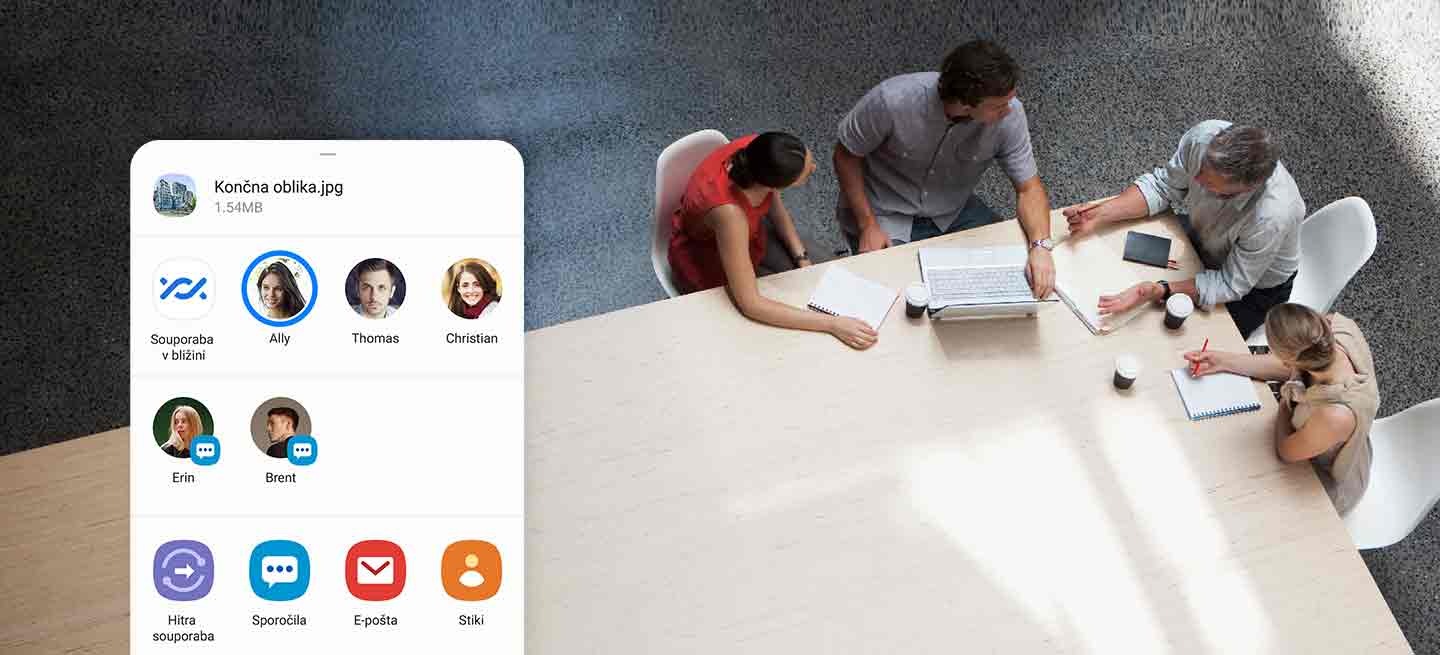 Four people sitting around a table having a meeting. Overlaid on the photo is the sharing panel interface to sending a photo called Final design.jpg. The name Ally is highlighted, signaling that she is the recipient of the photo.