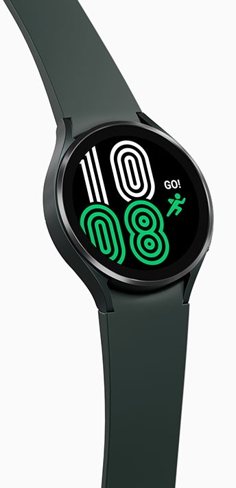 Galaxy Watch4 สี Green แสดงเวลาอยู่บนหน้าปัดที่เป็นดีไซน์แบบสีเขียวและขาว พร้อมกับไอคอนรูปการวิ่งสีเขียว