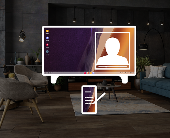 Hotel lobby with a television icon and phone icon positioned in the center of the image