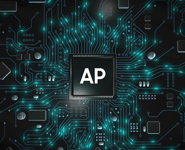 Close-up of computer chip surface mounted on a circuit board